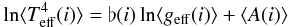\begin{eqnarray} \ln\langle{T}^4_{\rm eff}(i)\rangle = \flat(i)\ln\langle g_{\rm eff}(i)\rangle + \langle A(i)\rangle \label{defb1i} \end{eqnarray}