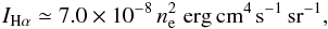 \begin{eqnarray} I_{\mathrm{H}\alpha} \simeq 7.0 \times 10^{-8}\, n_{\mathrm{e}}^2 \;\mathrm{erg\,cm^{4}\,s^{-1}\,sr^{-1}}, \end{eqnarray}