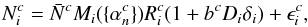 \begin{equation} N^c_i = \bar{N}^c M_i(\{\alpha^c_n\}) R^c_i (1 + b^c D_i \delta_i) + \epsilon^c_i, \label{eq:full_data_model} \end{equation}
