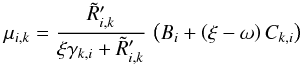 \appendix \setcounter{section}{1} \begin{equation} \mu_{i,k} = \frac{\tilde{R}'_{i,k}}{\xi \gamma_{k,i}+\tilde{R}'_{i,k}}\,\left(B_i+ \left(\xi -\omega\right) C_{k,i}\right) \, \end{equation}