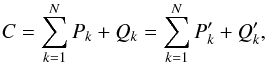 \begin{equation} \label{eq:deficit} C = \sum_{k=1}^N P_k + Q_k = \sum_{k=1}^N P'_k + Q'_k , \end{equation}