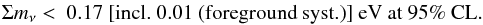 \begin{eqnarray} \mnu<\ 0.17\ [ \hbox{incl.}\ 0.01\ \hbox{(foreground syst.)} ] \hbox{\ eV\ at\ }95\%\hbox{\ CL} .\nonumber \end{eqnarray}