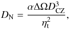 \begin{equation} \label{dynamonumber} D_{\rm N}= \frac{\alpha \Delta\Omega D_{\rm CZ}^3}{\eta_{\rm t}^2}, \end{equation}