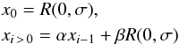 \begin{eqnarray} &&\displaystyle x_0= R(0,\sigma), \nonumber\\ &&\displaystyle x_{i\,>\,0} = \alpha x_{i -1} + \beta R(0,\sigma) \label{GCN} \end{eqnarray}