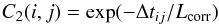 \begin{equation} \label{crf} C_2(i,j)=\exp(-\Delta t_{ij}/L_{\rm corr}) \end{equation}
