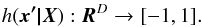 \begin{equation} h(\vec{x'|X}): \vec{R}^{D}\rightarrow[-1,1] . \end{equation}