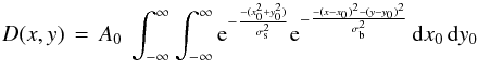 \appendix \setcounter{section}{2} \begin{equation} D(x,y)\,=\,A_0\ \int_{-\infty}^\infty \int_{-\infty}^\infty {\rm e}^{-\frac{-(x_0^2 + y_0^2)}{\sigma_{\rm s}^2}} {\rm e}^{-\frac{-(x-x_0)^2 - (y-y_0)^2}{\sigma_{\rm b}^2}}\,{\rm d}x_0\,{\rm d}y_0 \label{eqn:expconvolution_gauss} \end{equation}