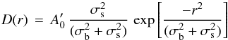 \appendix \setcounter{section}{2} \begin{equation} D(r)\,=\,A^\prime_0\,\frac{\sigma_{\rm s}^2}{(\sigma_{\rm b}^2 + \sigma_{\rm s}^2)}\,\exp \left[ \frac{-r^2}{(\sigma_{\rm b}^2 + \sigma_{\rm s}^2)} \right] \label{eqn:expconvolution_anal_gauss} \end{equation}