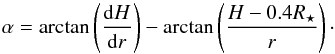 \begin{equation} \alpha = \arctan\left(\frac{\mathrm{d}H}{\mathrm{d}r}\right) - \arctan\left(\frac{H-0.4R_{\star}}{r}\right) \cdot \label{eq:grazing_angle} \end{equation}