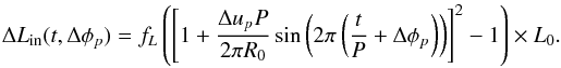 \appendix \setcounter{section}{1} \begin{equation} \label{eqn3} \Delta L_{\rm in}(t, \Delta \phi_p) = f_L \left (\left[1 + \frac{\Delta u_p P}{2 \pi R_0} \sin{\left ( 2 \pi \left(\frac{t}{P} + \Delta \phi_p \right) \right)}\right]^2- 1 \right ) \times L_0. \end{equation}