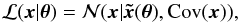 \begin{equation} \mathcal{L}(\boldsymbol{x}|{\boldsymbol \theta})=\mathcal{N}(\boldsymbol{x}|\boldsymbol{\tilde{x}}({\boldsymbol \theta}),\mathrm{Cov}(\boldsymbol{x})), \end{equation}