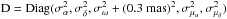 \hbox{$\mathrm{D}=\mathrm{Diag}(\sigma_{\alpha}^2,\sigma_{\delta}^2,\sigma_{\omega}^2+(0.3\;\mathrm{mas})^2,\sigma_{\mu_{\alpha}}^2,\sigma_{\mu_{\delta}}^2)$}