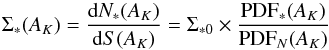 \begin{equation} \label{slaw_pdfs} \Sigma_{*}(A_K)= \frac{\mathrm{d}N_{*}(A_K)}{\mathrm{d}S(A_K)} = \Sigma_{*0} \times \frac{\mathrm{PDF}_{*}(A_K)}{\mathrm{PDF}_{N} (A_K)} \end{equation}