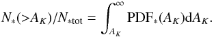\begin{equation} \label{cdp} N_*({>}A_K)/N_{\rm *tot} = \int_{A_K}^\infty \mathrm{PDF}_*(A_K) \mathrm{d}A_K . \end{equation}