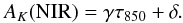 \begin{equation} \label{eq:4} A_K(\mathrm{NIR}) = \gamma \tau_{850} + \delta . \end{equation}
