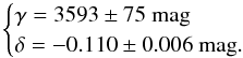 \begin{equation} \label{eq:5} \begin{cases} \gamma = 3593 \pm 75~{\rm mag} \\ \delta = -0.110 \pm 0.006~{\rm mag}. \end{cases} \end{equation}