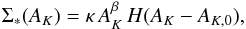 \begin{equation} \label{eq:8} \Sigma_{*}(A_K) = \kappa\, A_K^\beta\, {H}(A_K - A_{K,0}), \end{equation}