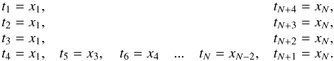 \begin{equation} \begin{array}{lcl} t_1=x_1, & & t_{N+4}=x_N, \\ t_2=x_1, & & t_{N+3}=x_N, \\ t_3=x_1, & & t_{N+2}=x_N, \\ t_4=x_1, & t_5=x_3, \quad t_6=x_4 \quad ...\quad t_N=x_{N-2}, & t_{N+1}=x_N. \\ \end{array} \end{equation}
