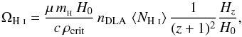 \begin{equation} \Omega_{\text{\HI}} = \frac{\mu\,m_{_{\rm H}}\,H_{0}}{c\,\rho_{\rm cr it}}\,n_{\rm DLA}\, \left< N_\text{\HI} \right>\frac{1}{(z+1)^2}\frac{H_{z}}{H_{0}}, \end{equation}