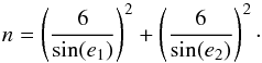 \begin{equation} n = \left(\frac{6}{{\rm sin}(e_1)}\right)^2 + \left(\frac{6}{{\rm sin}(e_2)}\right)^2 \label{eq:elevation noise} \cdot \end{equation}