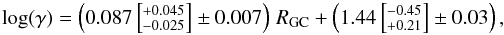 \begin{equation} \log(\gtd) = \left( 0.087\left[ \asymErr{+0.045}{-0.025} \right]\pm0.007\right) \, \dgc + \left( 1.44 \left[ \asymErr{-0.45}{+0.21} \right]\pm0.03 \right), \label{eq:gtd_gradient} \end{equation}