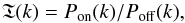 \begin{equation} \mathfrak{T}(k) = P_{\rm on}(k) / P_{\rm off}(k), \label{eq:TI} \end{equation}
