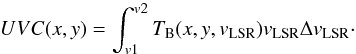 \appendix \setcounter{section}{3} \begin{equation} UVC(x,y) = \int_{v1}^{v2} T_{\rm B}(x,y,v_{\rm LSR}) v_{\rm LSR} \Delta v_{\rm LSR}\cdot \label{eq:UVC} \end{equation}
