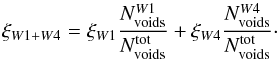 \begin{equation} \xi_{W1+W4} = \xi_{W1}\frac{N_{\rm voids}^{W1}}{N_{\rm voids}^{\rm tot}} + \xi_{W4}\frac{N_{\rm voids}^{W4}}{N_{\rm voids}^{\rm tot}}\cdot \end{equation}