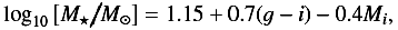 \begin{equation} \log_{10} \left[ M_{\star}{/M_{\odot}}\right] = 1.15 + 0.7(g-i) - 0.4 M_{i}, \label{Mstellar} \end{equation}