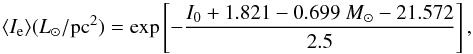 \appendix \setcounter{section}{1} \begin{equation} \langle I_{\rm e}\rangle(L_{\odot}/{\rm pc^{2}}) = \exp \left[-\frac{I_{0} + 1.821 -0.699~M_{\odot} - 21.572 }{2.5}\right], \end{equation}