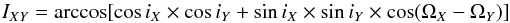 \begin{equation} I_{XY} = \arccos[\cos i_X \times \cos i_Y + \sin i_X \times \sin i_Y \times \cos(\Omega_X - \Omega_Y)] \label{I_Ec} \end{equation}