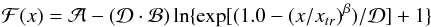 \begin{equation} {\cal F}(x)= {\cal A} - ({\cal D}\cdot {\cal B})\ln\{\exp[(1.0 - (x/x_{tr})^{\beta})/{\cal D}] + 1\} \label{scaling function} \end{equation}
