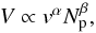 \begin{equation} \label{e2a} V \propto v^\alpha N_{\rm p}^\beta , \end{equation}