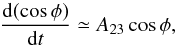 \begin{equation} \label{eq:costhetaII} \frac{{\rm d}(\cos\phi)}{{\rm d}t} \simeq A_{23}\cos\phi, \end{equation}