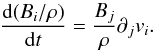 \appendix \setcounter{section}{1} \begin{equation} \label{eq:continuityAndFaraday} \frac{{\rm d} (B_{i}/ \rho)}{{\rm d}t} = \frac{B_{j}}{\rho}\partial_{j}v_{i}. \end{equation}