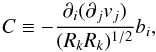 \begin{equation} \label{eq:C} C \equiv -\frac{\partial_{i}(\partial_{j}v_{j})}{(R_{k}R_{k})^{1/2}}b_{i}, \end{equation}