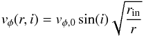 \begin{equation} v_{\phi} (r, i) = v_{\phi,0} \sin(i) \sqrt{\frac{r_{\text{in}}}{r}} \hspace{5mm} \label{eq:vazim} \end{equation}