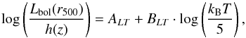 \begin{equation} \label{eq:LT} \textnormal{log}\left(\frac{L_{\rm bol}(r_{500})}{h(z)}\right)=A_{LT}+B_{LT}\cdot\textnormal{log}\left(\frac{k_{\rm B}T}{5}\right), \end{equation}