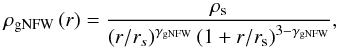 \begin{equation} \rho_{\rm gNFW}\left(r\right) = \dfrac{\rho_{\rm s}}{\left(r/r_{s}\right)^{\gamma_{\rm gNFW}} \left( 1 + r/r_{\rm s}\right)^{3 - \gamma_{\rm gNFW}}}, \label{eq:rho_gnfw} \end{equation}