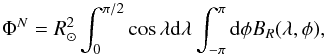 \begin{equation} \Phi^N=R_\odot^2\int_{0}^{\pi/2}\cos{\lambda}{\rm d}\lambda \int_{-\pi}^{\pi}{\rm d}\phi B_R(\lambda,\phi), \end{equation}