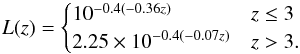 \begin{equation} L(z)= \begin{cases} 10^{-0.4(-0.36z)} & z\leq 3 \\ 2.25\times 10^{-0.4(-0.07z)} &z>3. \\ \end{cases} \label{eq:lumevo} \end{equation}