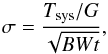 \begin{equation} \label{eq:noise} \sigma = \frac{T_{\rm sys}/G}{\sqrt{BW t}}, \end{equation}