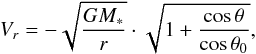 \appendix \setcounter{section}{3} \begin{equation} \label{vr} V_r = -\sqrt{\frac{GM_*}{r}} \cdot \sqrt{1+\frac{\cos\theta}{\cos\theta_0}}, \end{equation}