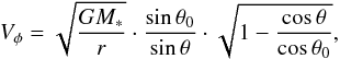 \appendix \setcounter{section}{3} \begin{equation} \label{vphi} V_\phi = \sqrt{\frac{GM_*}{r}}\cdot\frac{\sin\theta_0}{\sin\theta}\cdot\sqrt{1-\frac{\cos\theta}{\cos\theta_0}}, \end{equation}