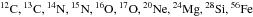 \hbox{${}^{12}\mathrm{C}, {}^{13}\mathrm{C}, {}^{14}\mathrm{N}, {}^{15}\mathrm{N}, {}^{16}\mathrm{O}, {}^{17}\mathrm{O}, {}^{20}\mathrm{Ne}, {}^{24}\mathrm{Mg}, {}^{28}\mathrm{Si}, {}^{56}\mathrm{Fe}$}