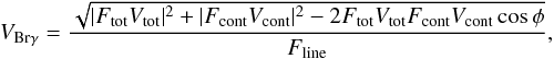 \begin{equation} V_{\rm Br\gamma} = \frac{\sqrt{\textbar F_{\rm tot} V_{\rm tot} \textbar^2 + \textbar F_{\rm cont} V_{\rm cont} \textbar^2 - 2 F_{\rm tot} V_{\rm tot}F_{\rm cont} V_{\rm cont} \cos \phi} }{F_{\rm line}}, \end{equation}