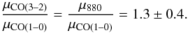 \begin{equation} \label{eq:diff_lens} \frac{\mu_\mathrm{CO(3\text{--}2)}}{\mu_\mathrm{CO(1\text{--}0)}}=\frac{\mu_{880}}{\mu_\mathrm{CO(1\text{--}0)}}=1.3\pm0.4. \end{equation}