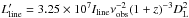 \hbox{$L^{\prime}_\mathrm{line}=3.25 \times 10 ^{7} I_\mathrm{line} \nu_\mathrm{obs}^{-2} (1+z)^{-3}D_\mathrm{L}^2$}