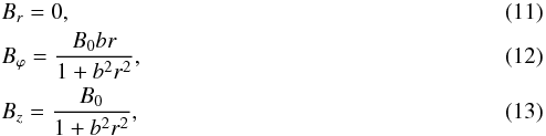 \begin{eqnarray} && B_r = 0, \label{Brc} \\ && B_\varphi = \frac{B_0 b r}{1+b^2 r^2}, \label{Bpc} \\ && B_z = \frac{B_0}{1+b^2 r^2}, \label{Bzc} \end{eqnarray}