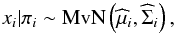 \appendix \setcounter{section}{1} \begin{equation} \label{eq-data-gen} x_i | \pi_i \sim \text{MvN} \left(\widehat \mu_i, \widehat \Sigma_i \right), \end{equation}